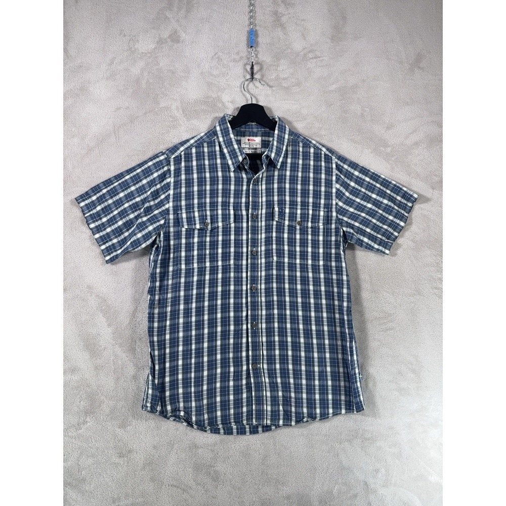 Fjallraven Abisko Cool Short Sleeve Shirt Mens Size Large Blue Plaid Hiking